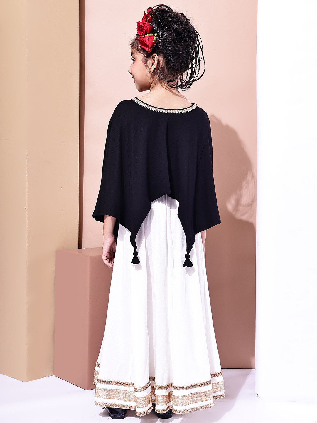 Alternative view of BaawRi Girls Black Cape-Style Top with Inner & Off White Cotton Flared Lehenga with Golden Detailing