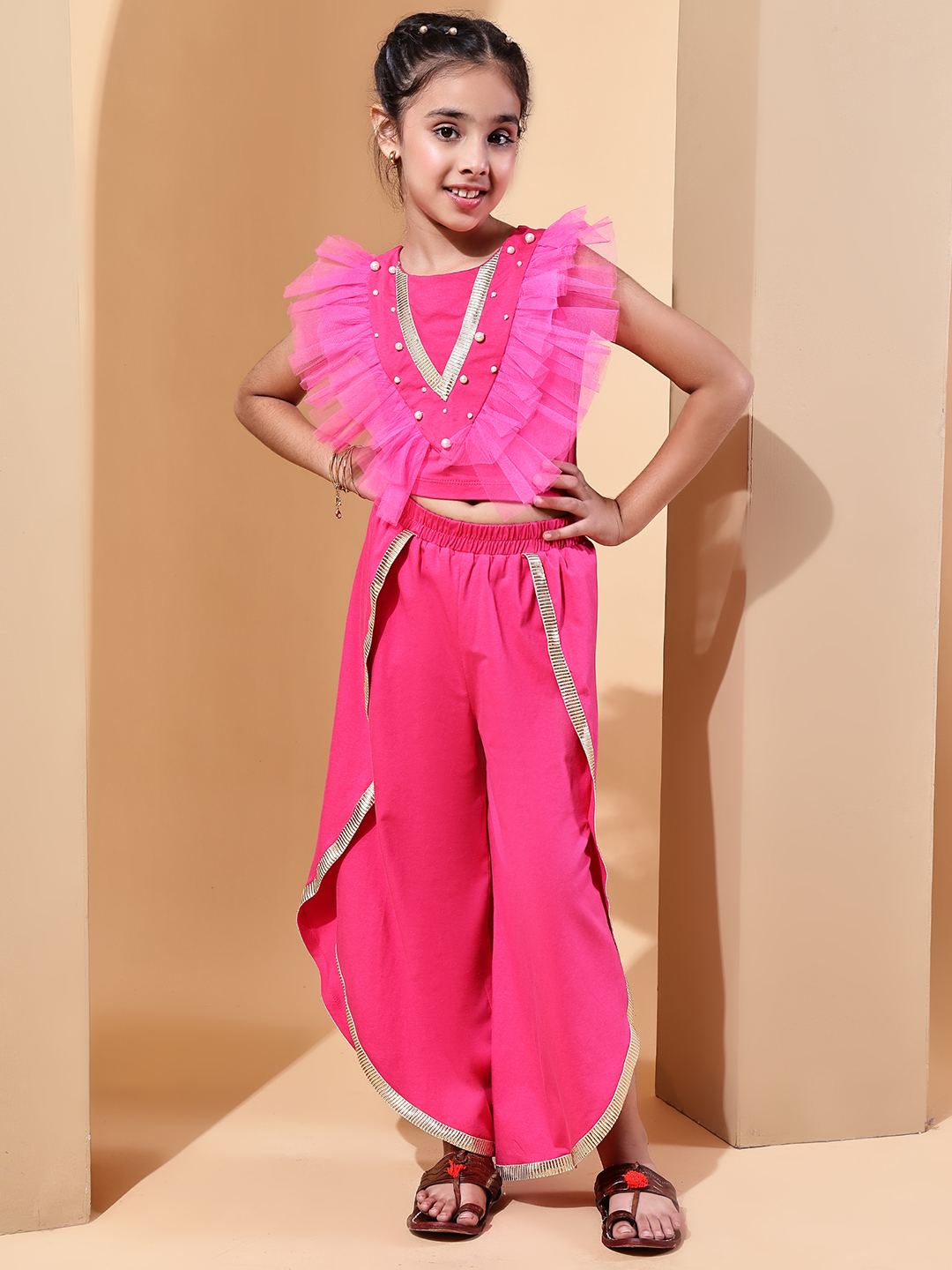 Girls’ Ruffle Crop Top & Tulip Pants Co-ord Festive Set | Stylish Indo-Western Outfit for Girls