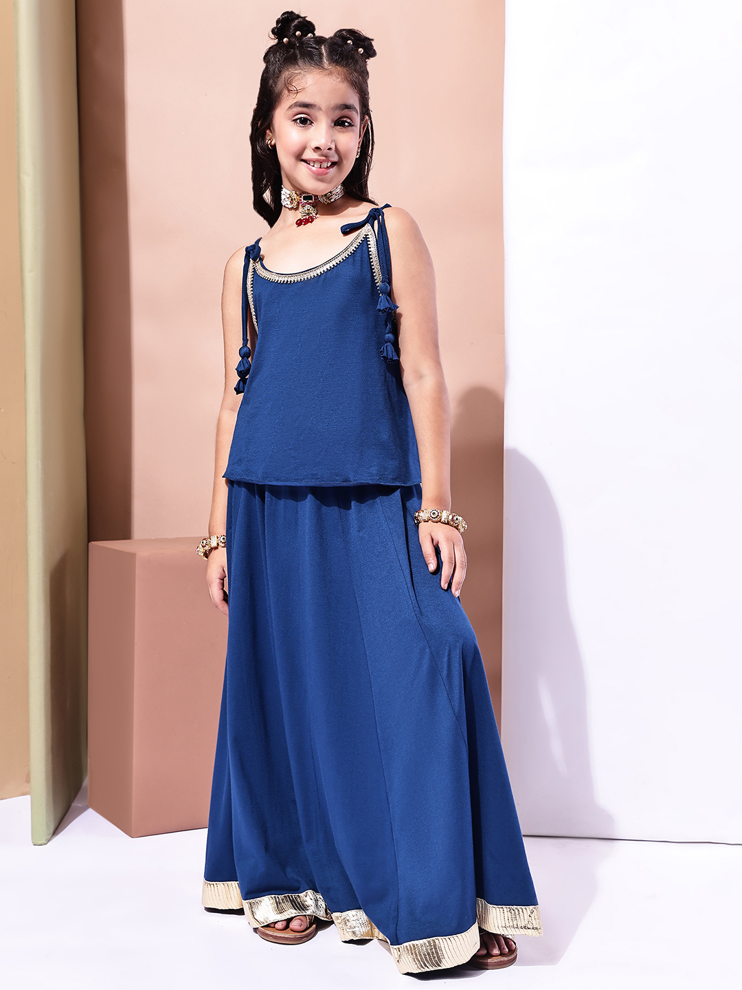 BaawRi Girls Soft Viscose Jersey Blue Lehenga Choli with Golden Lace Detailing