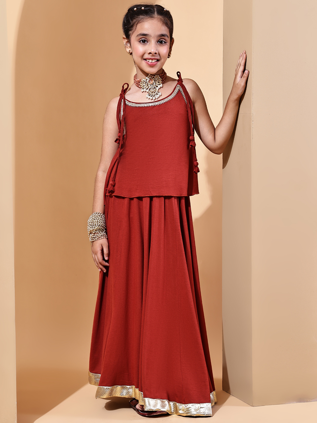 Girls Soft Viscose Jersey Rust Lehenga Choli with Golden Lace Detailing | Lightweight Ethnic Wear
