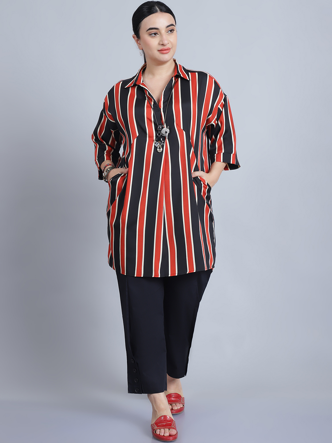 BaawRi Women's Shirt Collar & 3/4th Sleeves Rust Stripe Printed Long Top