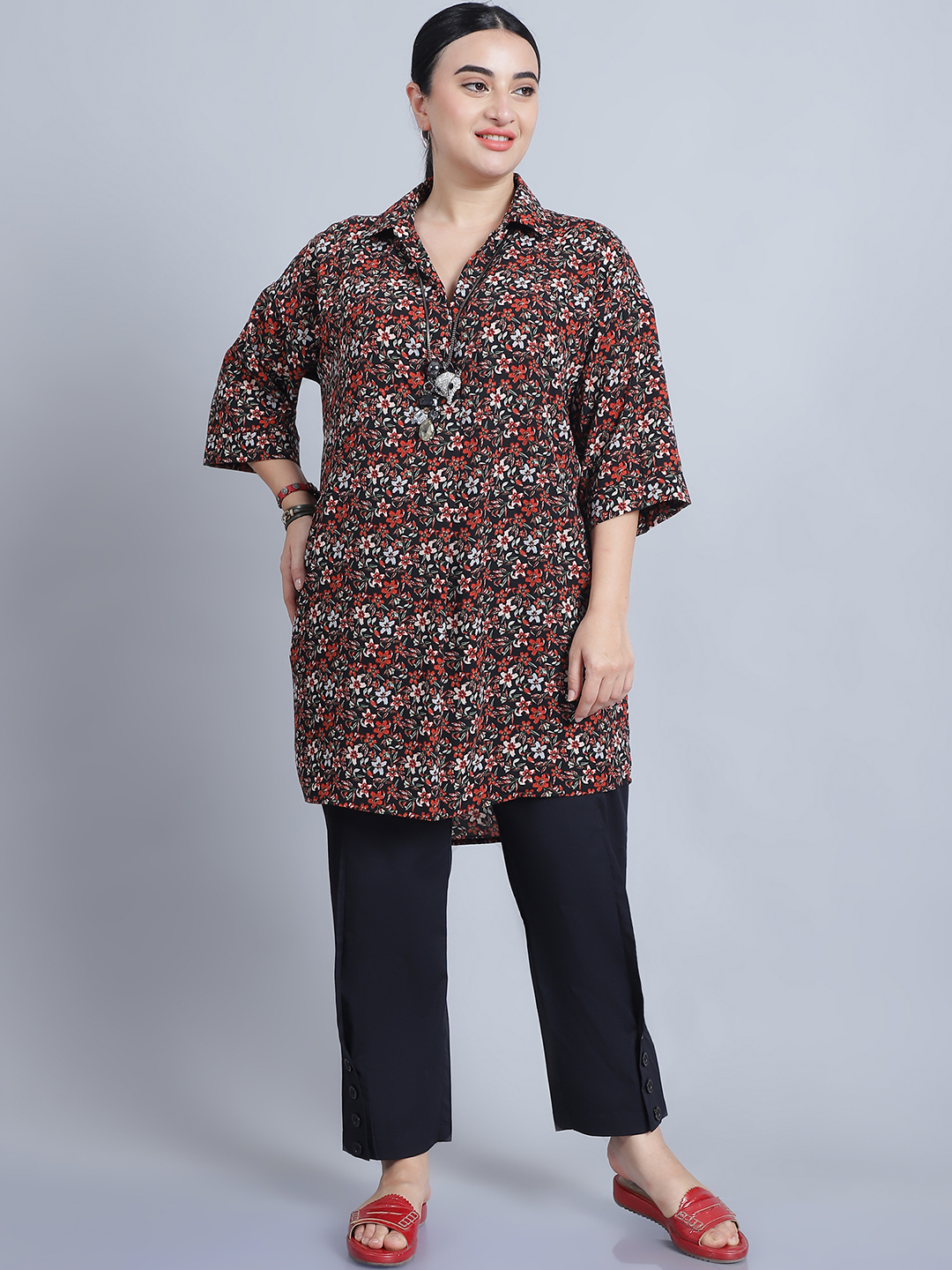 BaawRi Women's Shirt Collar & 3/4th Sleeves Red Printed Long Top