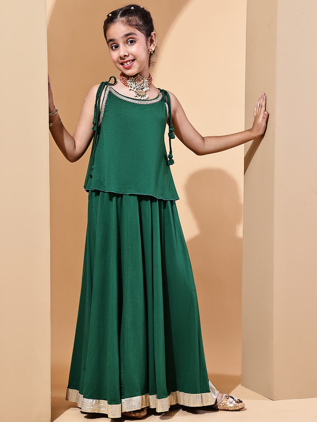 BaawRi Girls Soft Viscose Jersey Forest Green Lehenga Choli with Golden Lace Detailing