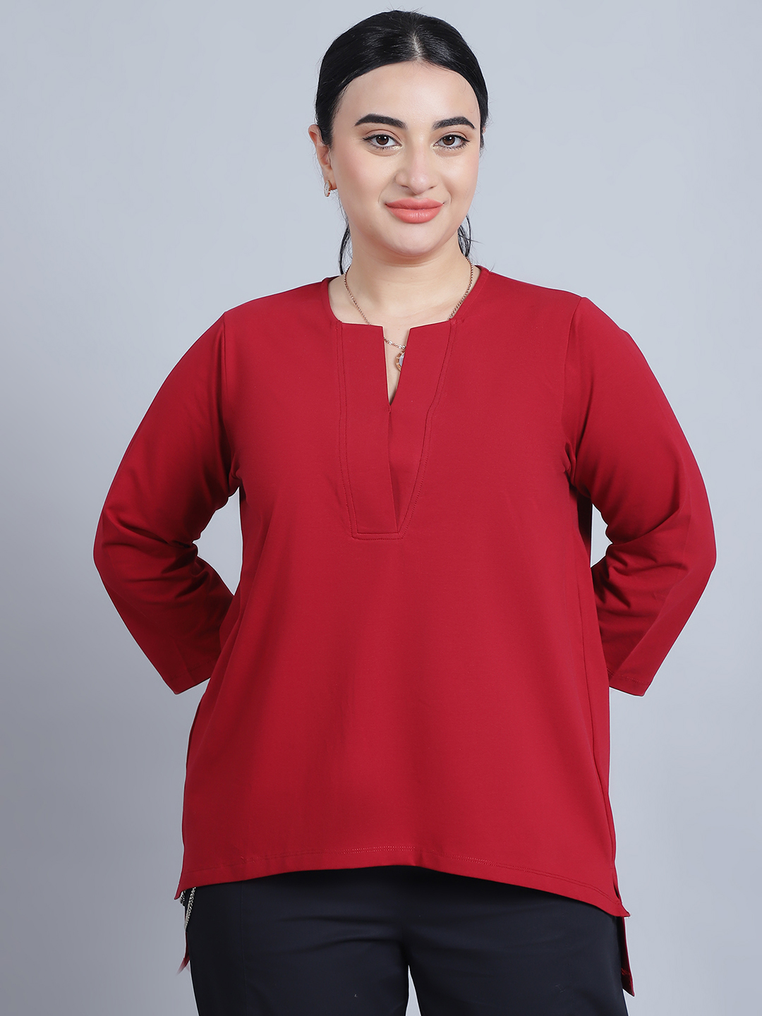 BaawRi Women's Mandarin collar & Long Sleeves Solid Red Color Regular Top