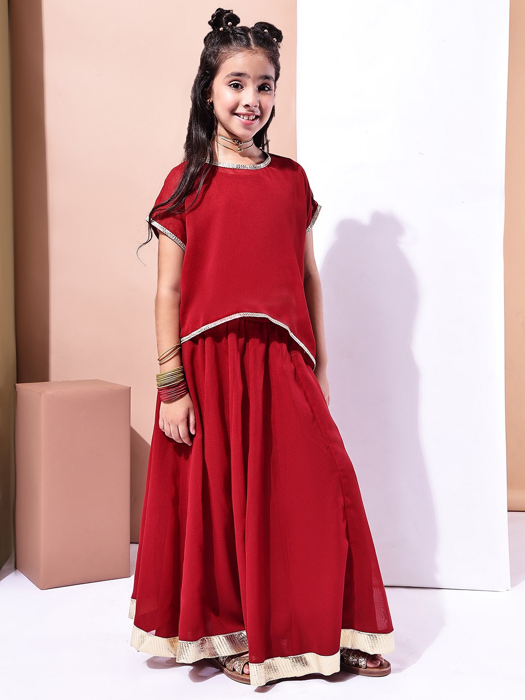 BaawRi Girls Red Georgette 3 piece Lehenga Set with Stylish Overlay Top & Golden Lace