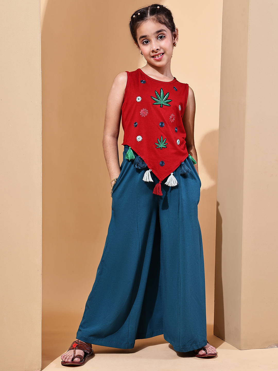 BaawRi Trendy Girls’ Cotton Lycra Festive Set with Embroidered Top & Flared Pants – Stylish Ethnic Co-ord