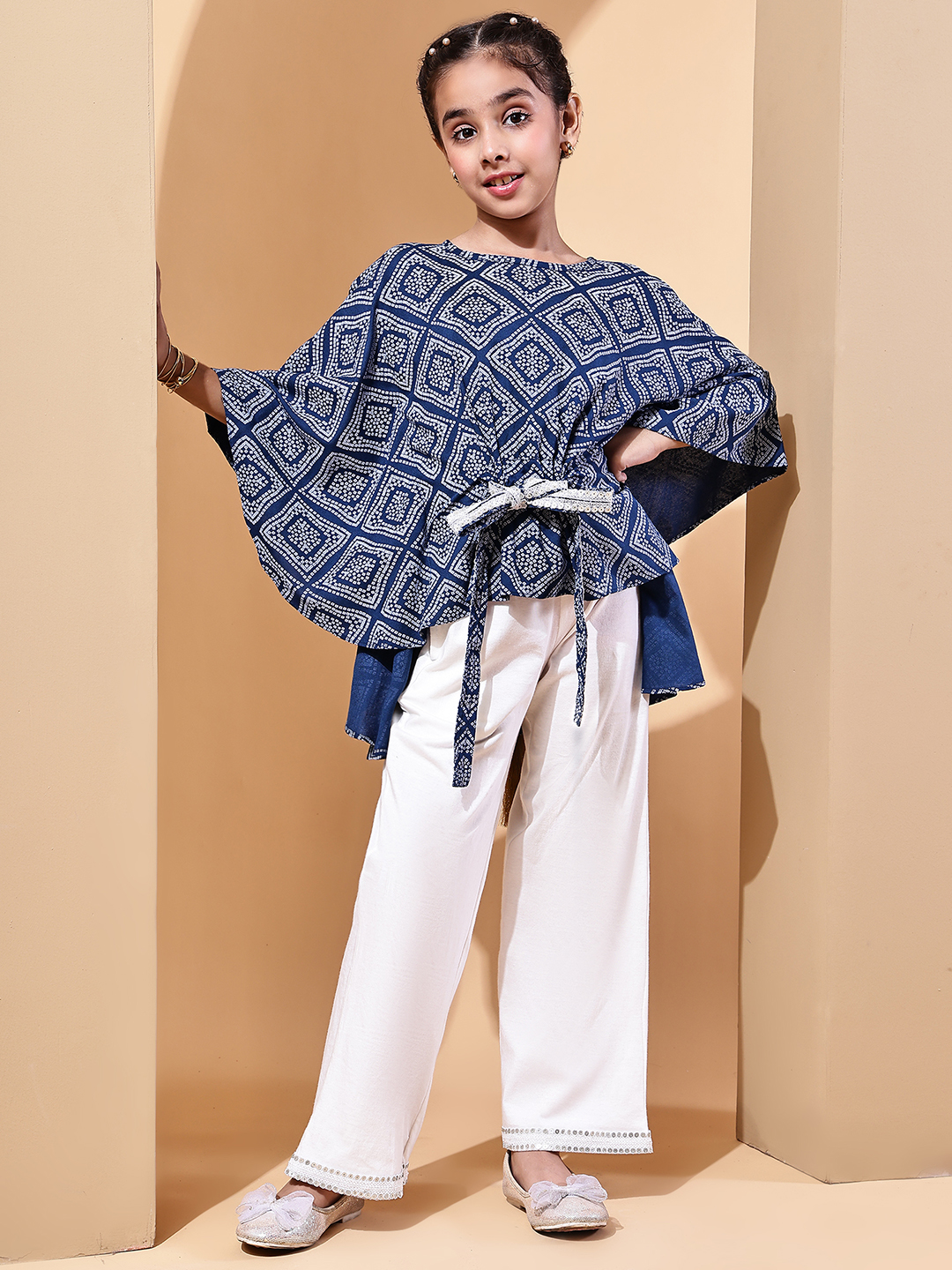 BaawRi Girls Blue Bandhani Cotton Kaftan Top with Lace Belt & Ecru Jersey Pants – Festive & Ethnic Co-ord Set