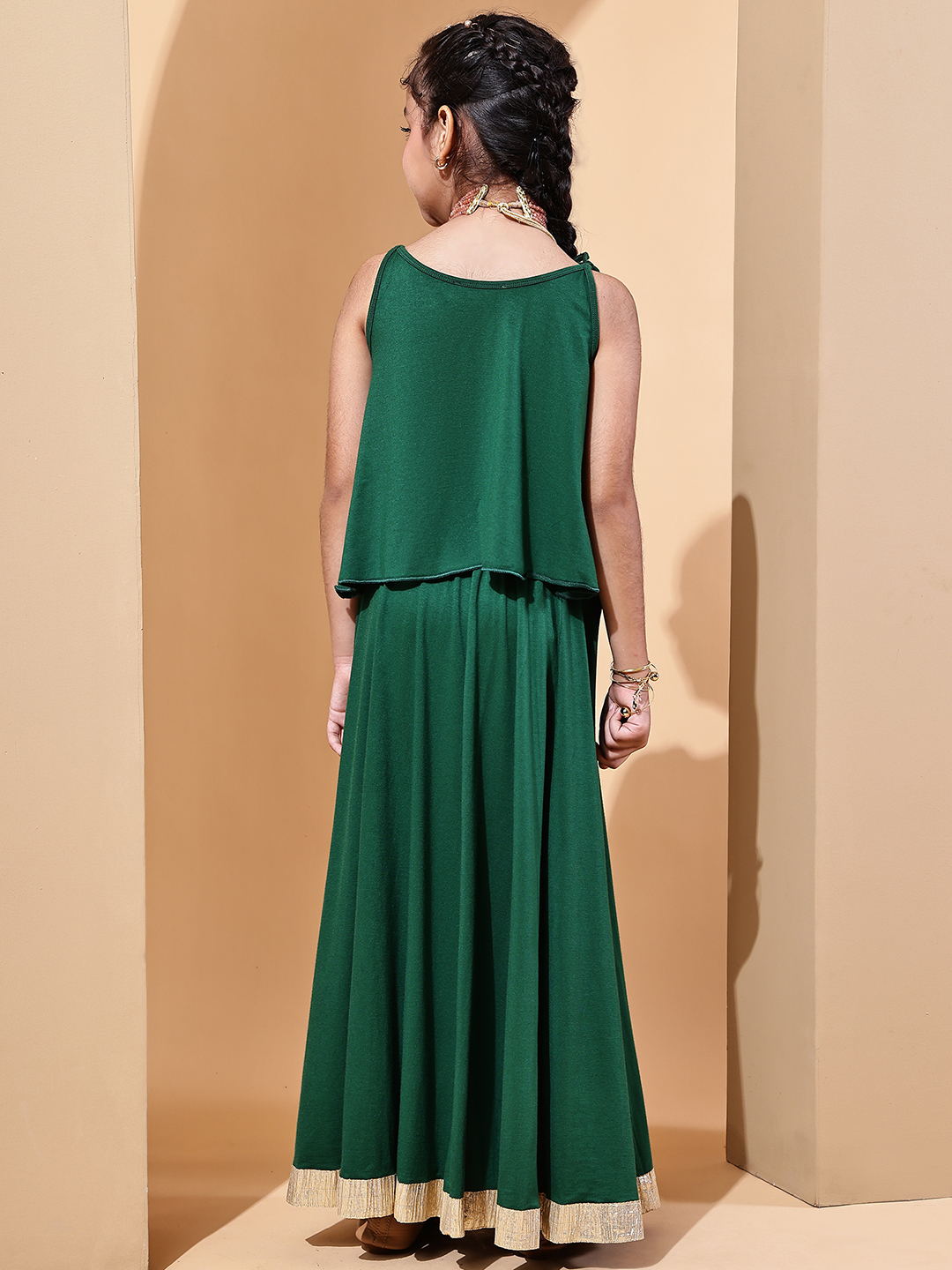 Alternative view of BaawRi Girls Soft Viscose Jersey Forest Green Lehenga Choli with Golden Lace Detailing