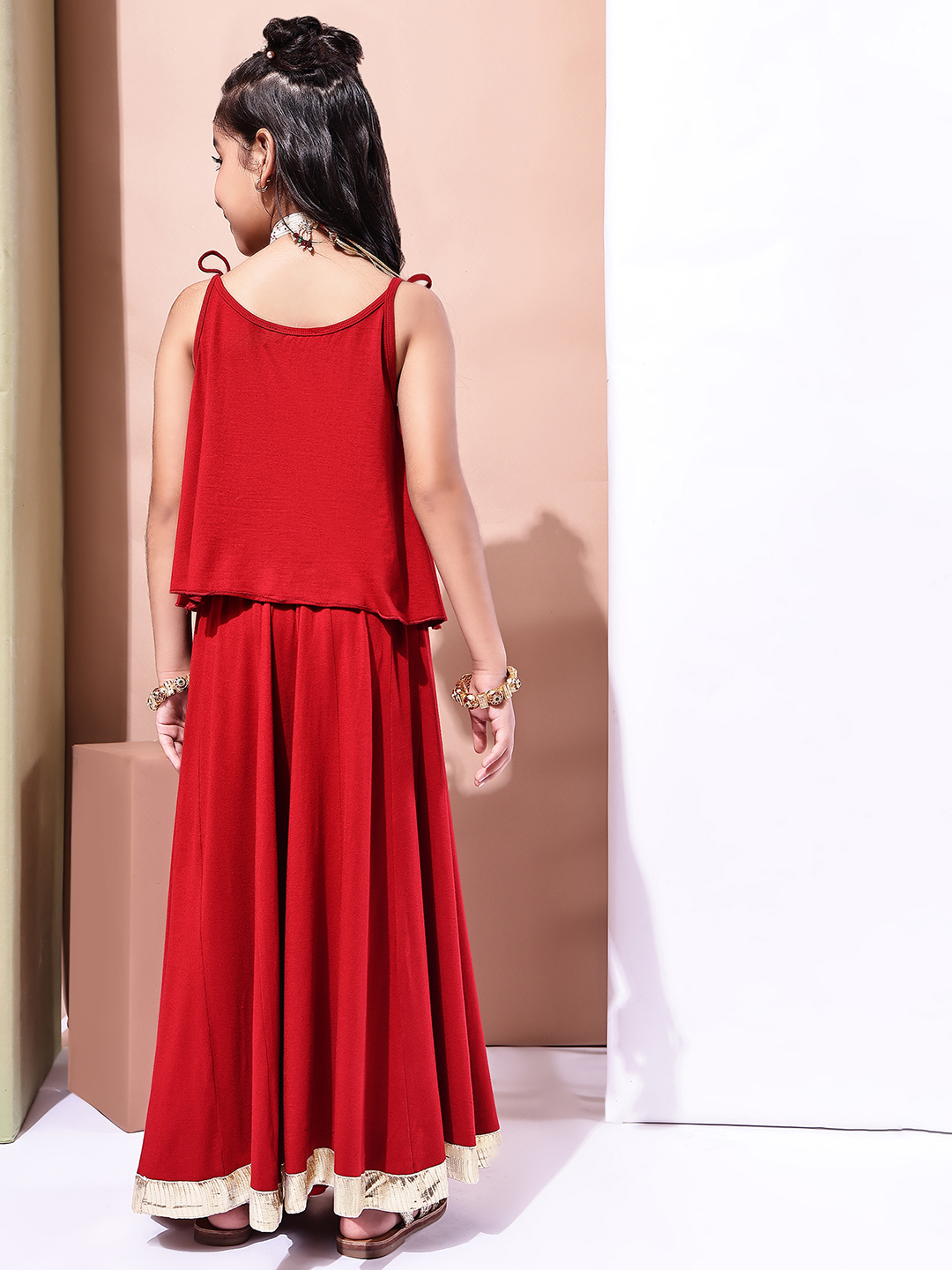 BaawRi Girls' Soft Viscose Jersey Lehenga Choli Set – Pompeian Red with Golden Lace Detailing | Ethnic Wear - Image 2