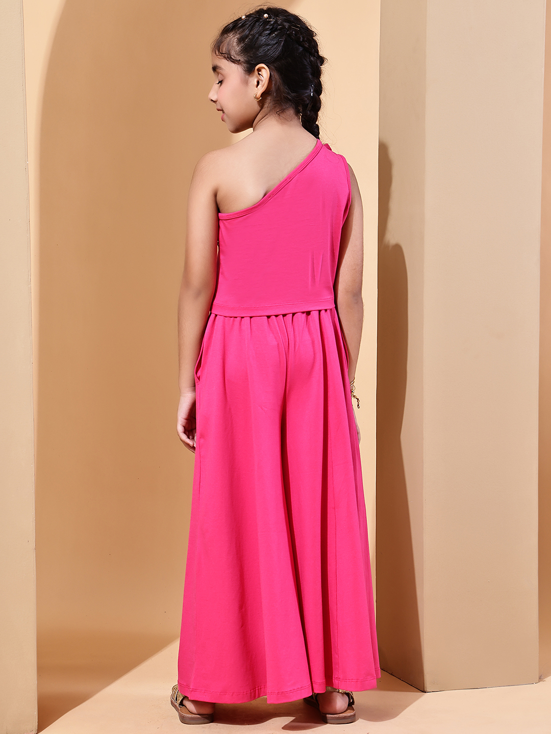 BaawRi Girls' One-Shoulder Crop Top & Palazzo Set | Fuchsia Pink Cotton Lycra Ethnic Wear for Girls - Image 2