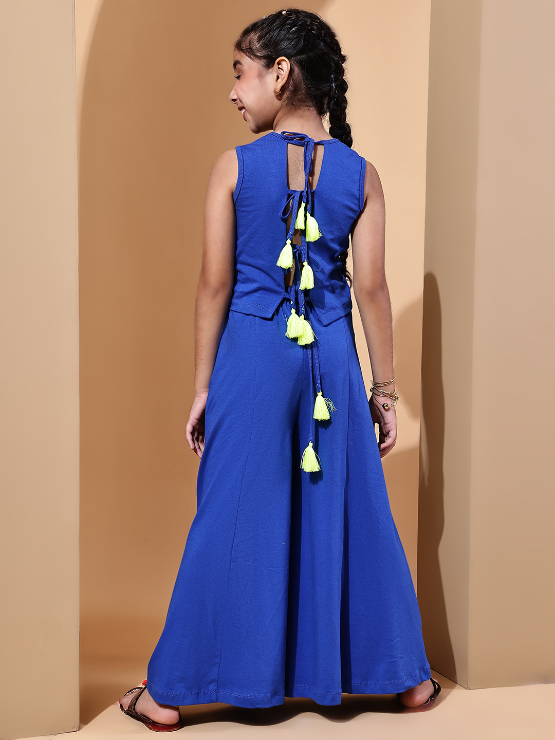 Girls Princess Blue Plazo Set with Embroidered Top, Tassel Accents & Mesh Detailing – Festive Ethnic Wear for Girls - Image 2