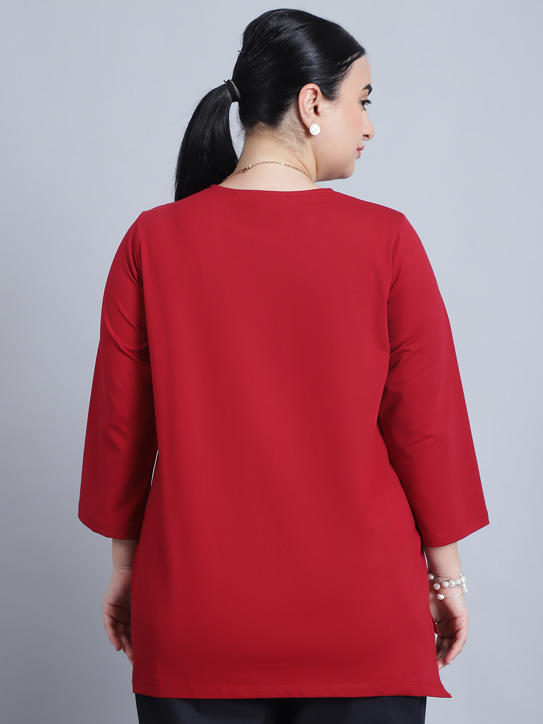 Alternative view of BaawRi Women's Mandarin collar & Long Sleeves Solid Red Color Regular Top