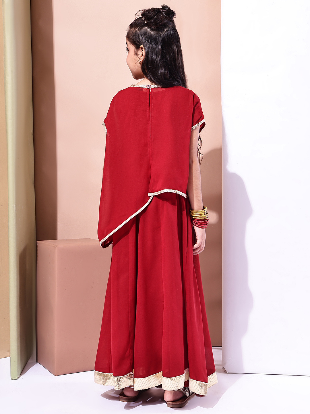 BaawRi Girls Red Georgette 3 piece Lehenga Set with Stylish Overlay Top & Golden Lace - Image 2