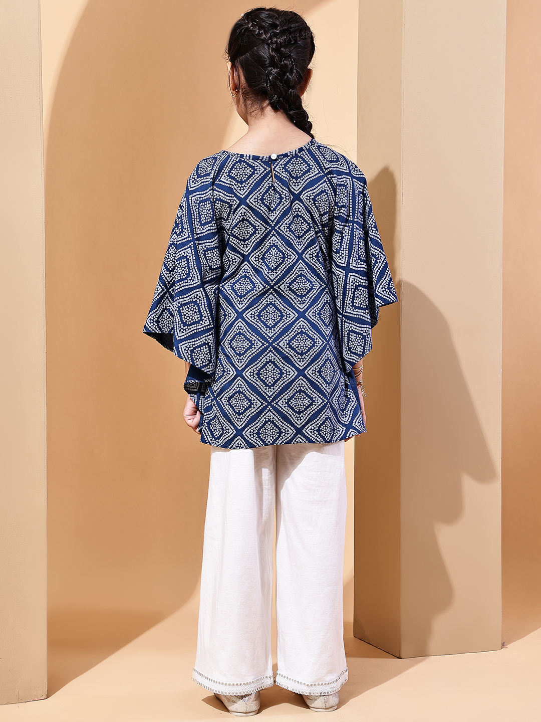 BaawRi Girls Blue Bandhani Cotton Kaftan Top with Lace Belt & Ecru Jersey Pants – Festive & Ethnic Co-ord Set - Image 2