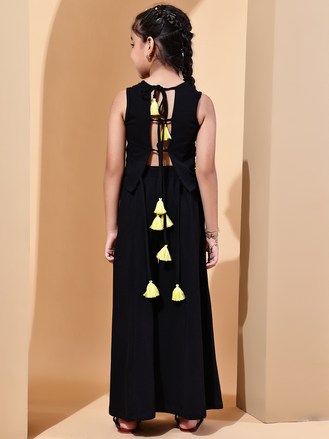 BaawRi Girls Black Cotton Plazo Set with Embroidered Top, Tassel Accents & Mesh Detailing – Stylish Ethnic Wear for Girls - Image 2