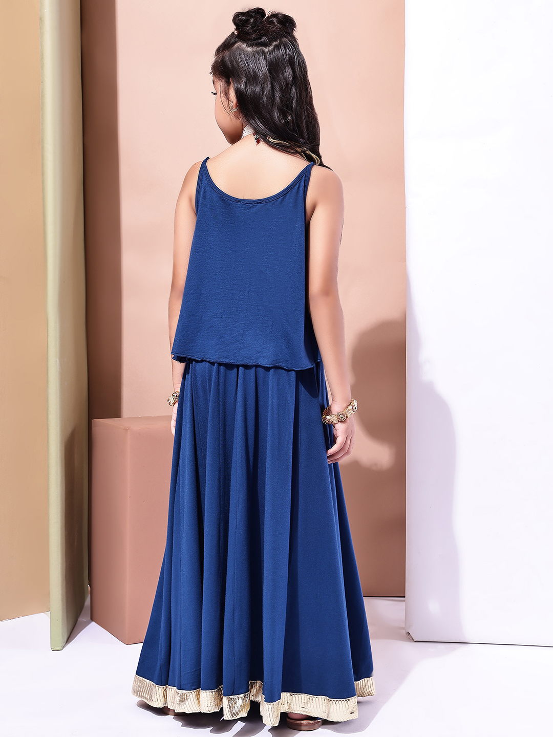 Alternative view of BaawRi Girls Soft Viscose Jersey Blue Lehenga Choli with Golden Lace Detailing