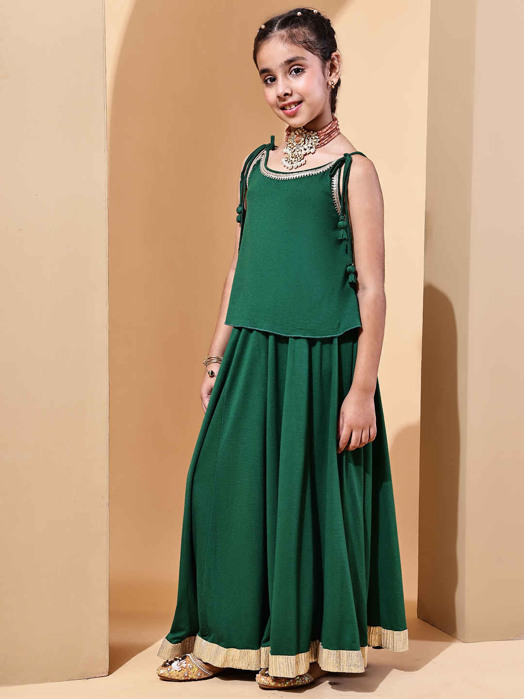 BaawRi Girls Soft Viscose Jersey Forest Green Lehenga Choli with Golden Lace Detailing - Image 3