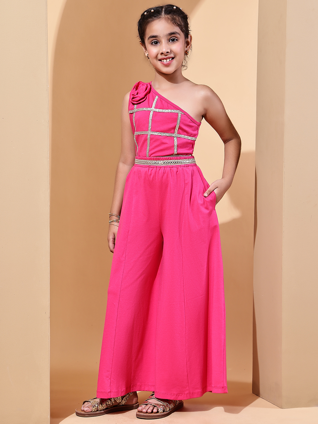 BaawRi Girls' One-Shoulder Crop Top & Palazzo Set | Fuchsia Pink Cotton Lycra Ethnic Wear for Girls - Image 3