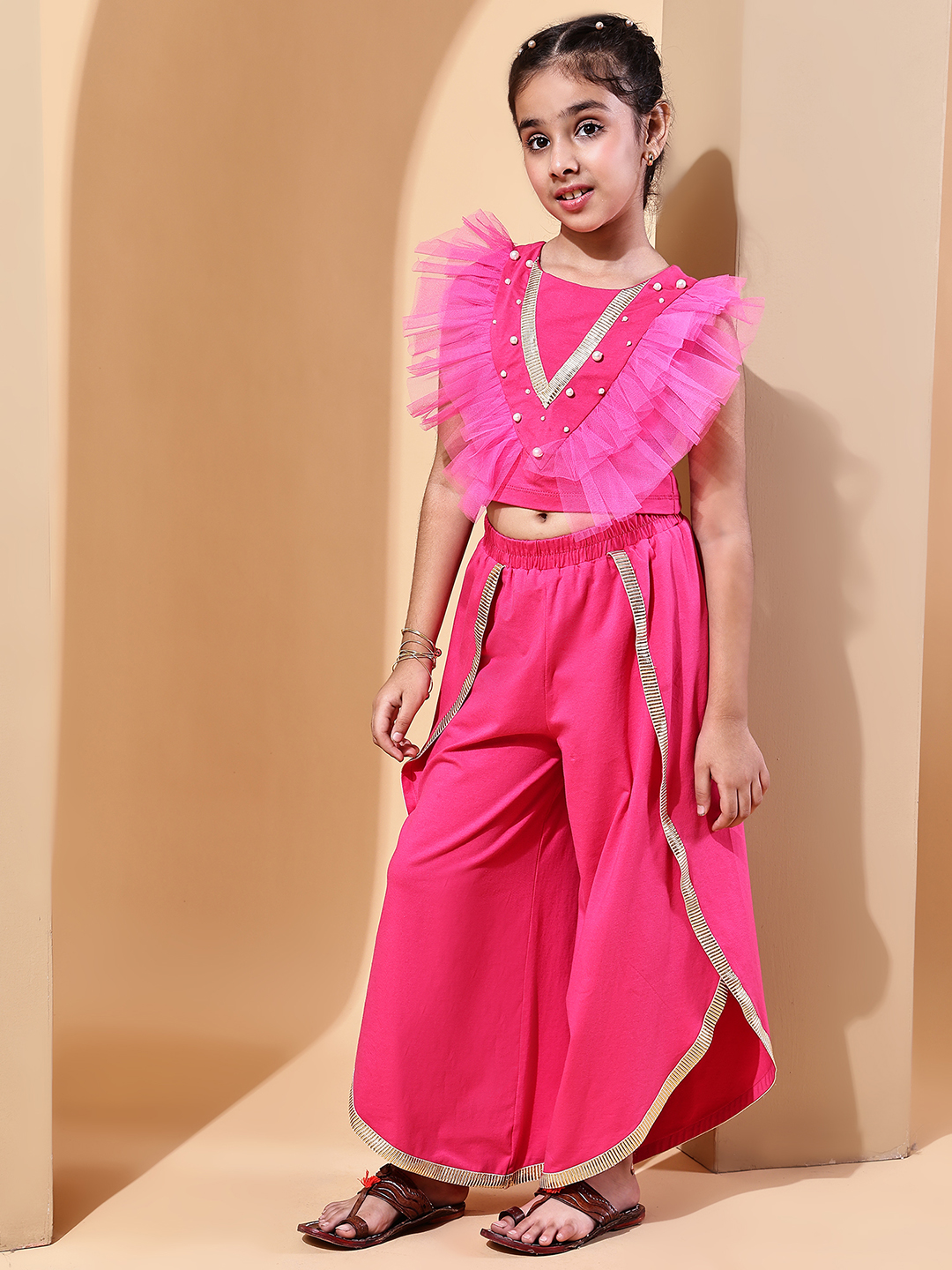Girls’ Ruffle Crop Top & Tulip Pants Co-ord Festive Set | Stylish Indo-Western Outfit for Girls - Image 3