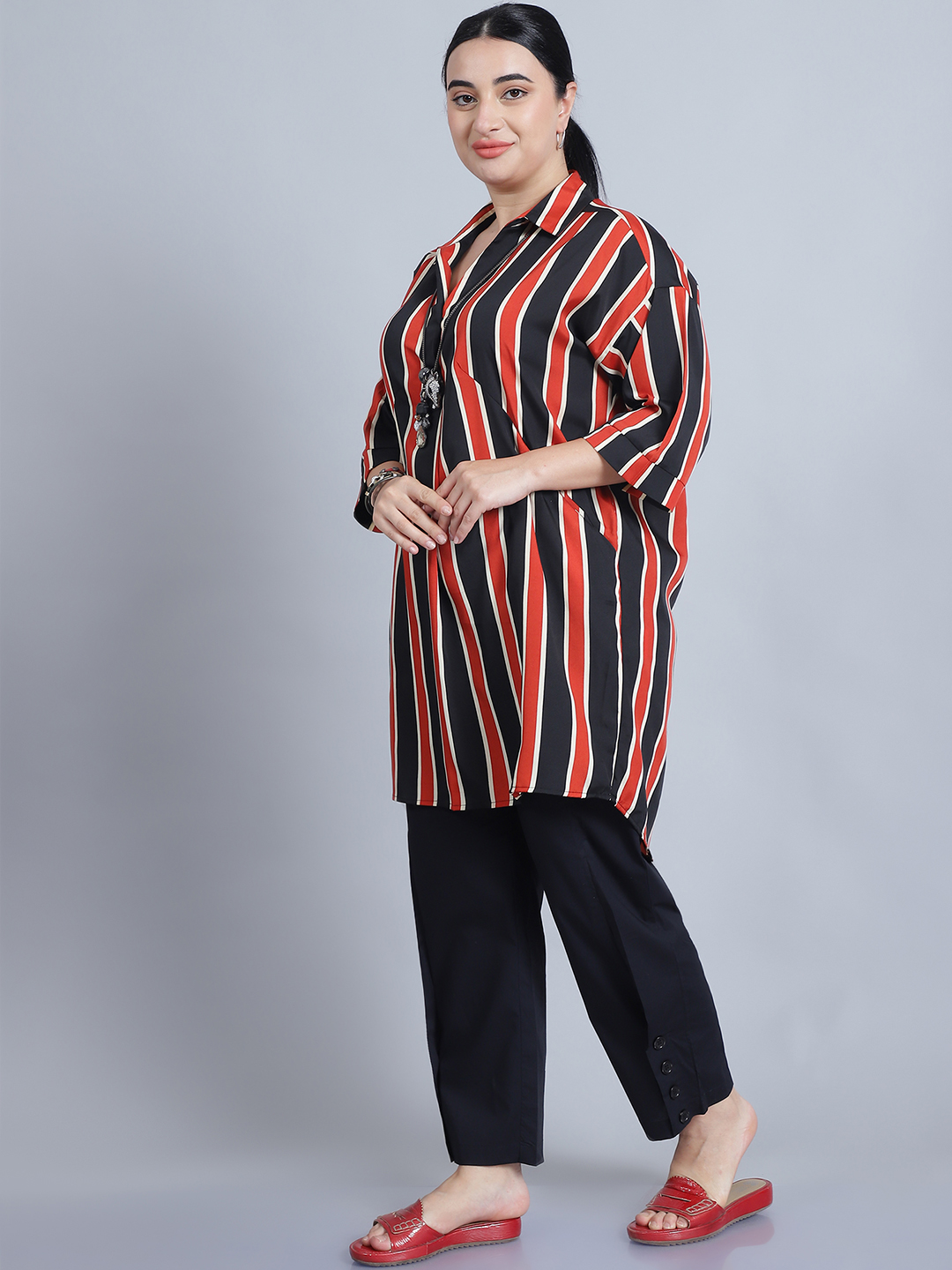 BaawRi Women's Shirt Collar & 3/4th Sleeves Rust Stripe Printed Long Top - Image 3