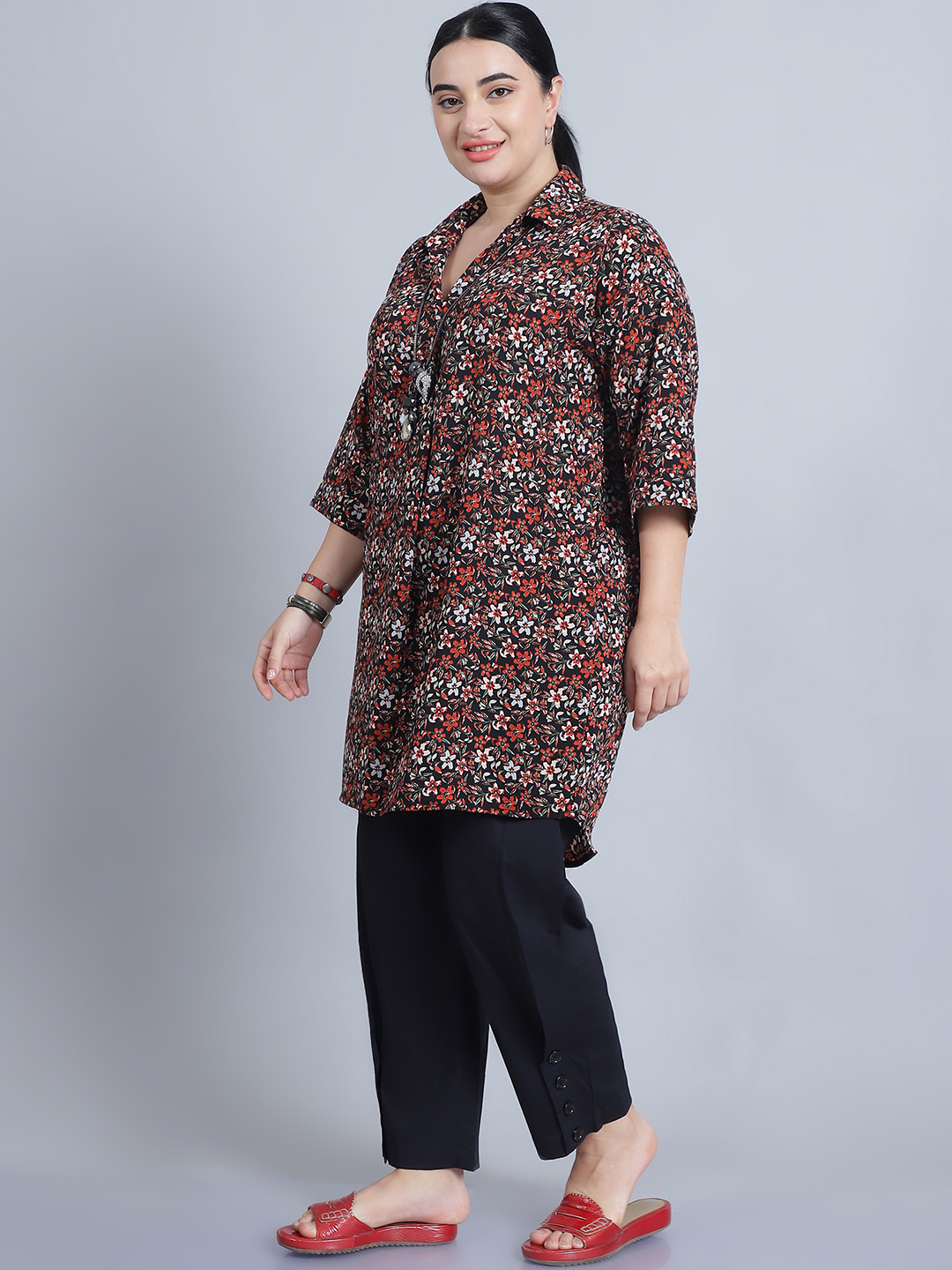 BaawRi Women's Shirt Collar & 3/4th Sleeves Red Printed Long Top - Image 3
