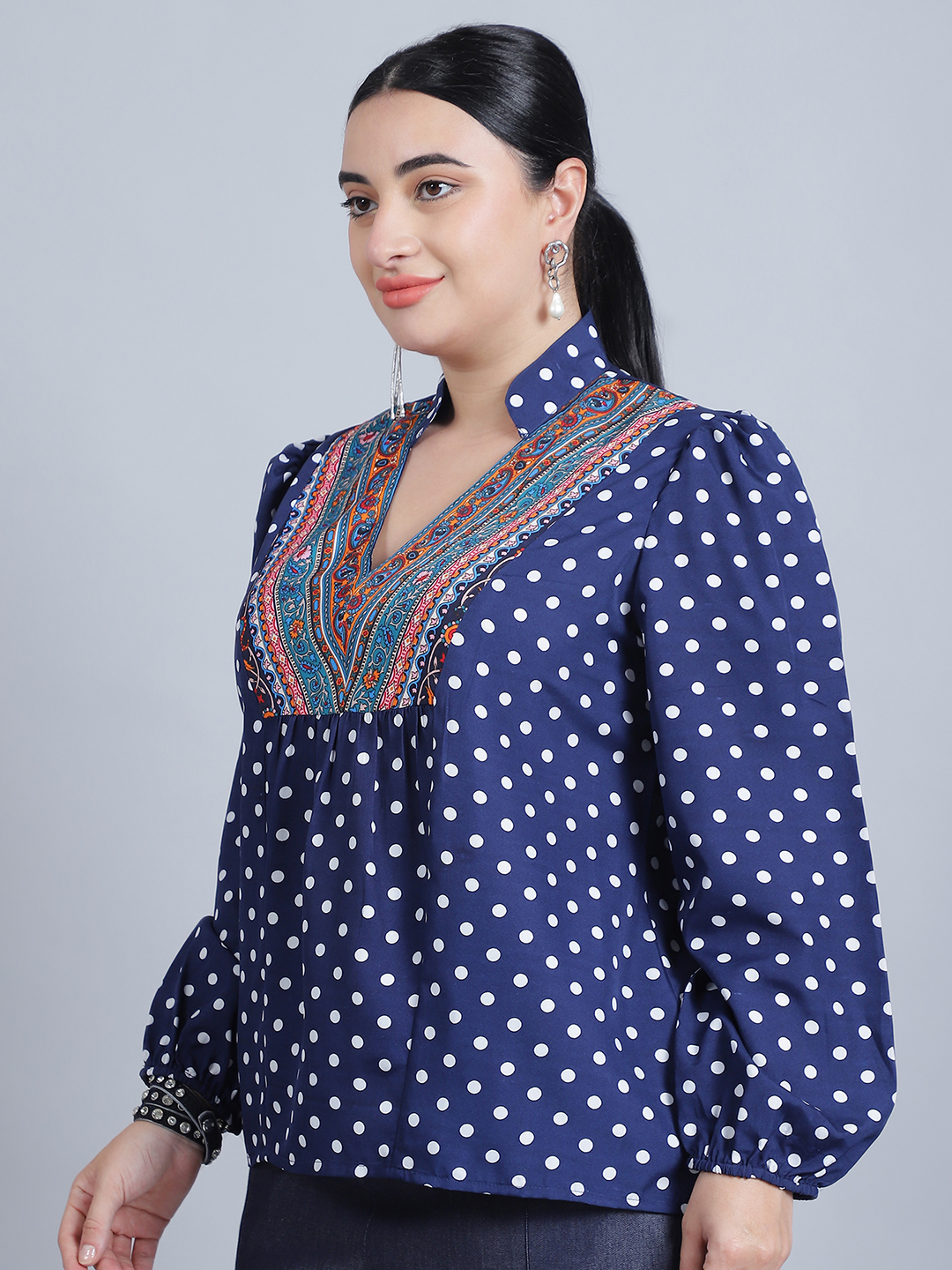 BaawRi Women's Long Sleeves & Front Gathered Polka dot Printed Regular Top - Image 3