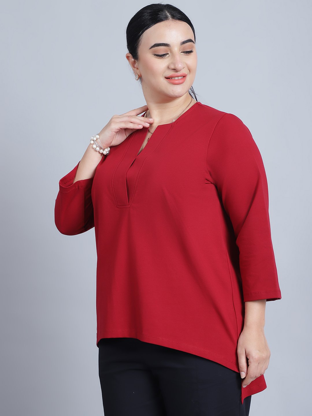 BaawRi Women's Mandarin collar & Long Sleeves Solid Red Color Regular Top - Image 3