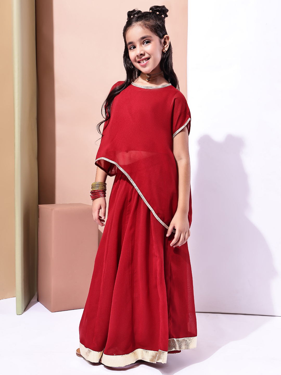 BaawRi Girls Red Georgette 3 piece Lehenga Set with Stylish Overlay Top & Golden Lace - Image 3