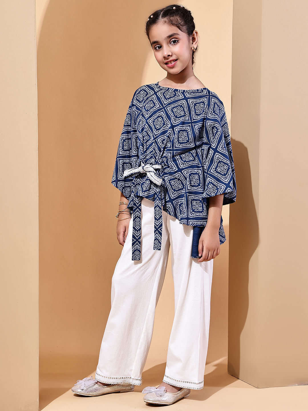 BaawRi Girls Blue Bandhani Cotton Kaftan Top with Lace Belt & Ecru Jersey Pants – Festive & Ethnic Co-ord Set - Image 3