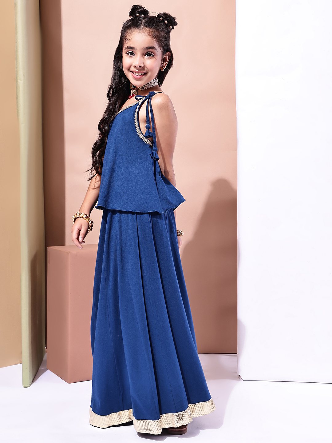 BaawRi Girls Soft Viscose Jersey Blue Lehenga Choli with Golden Lace Detailing - Image 3