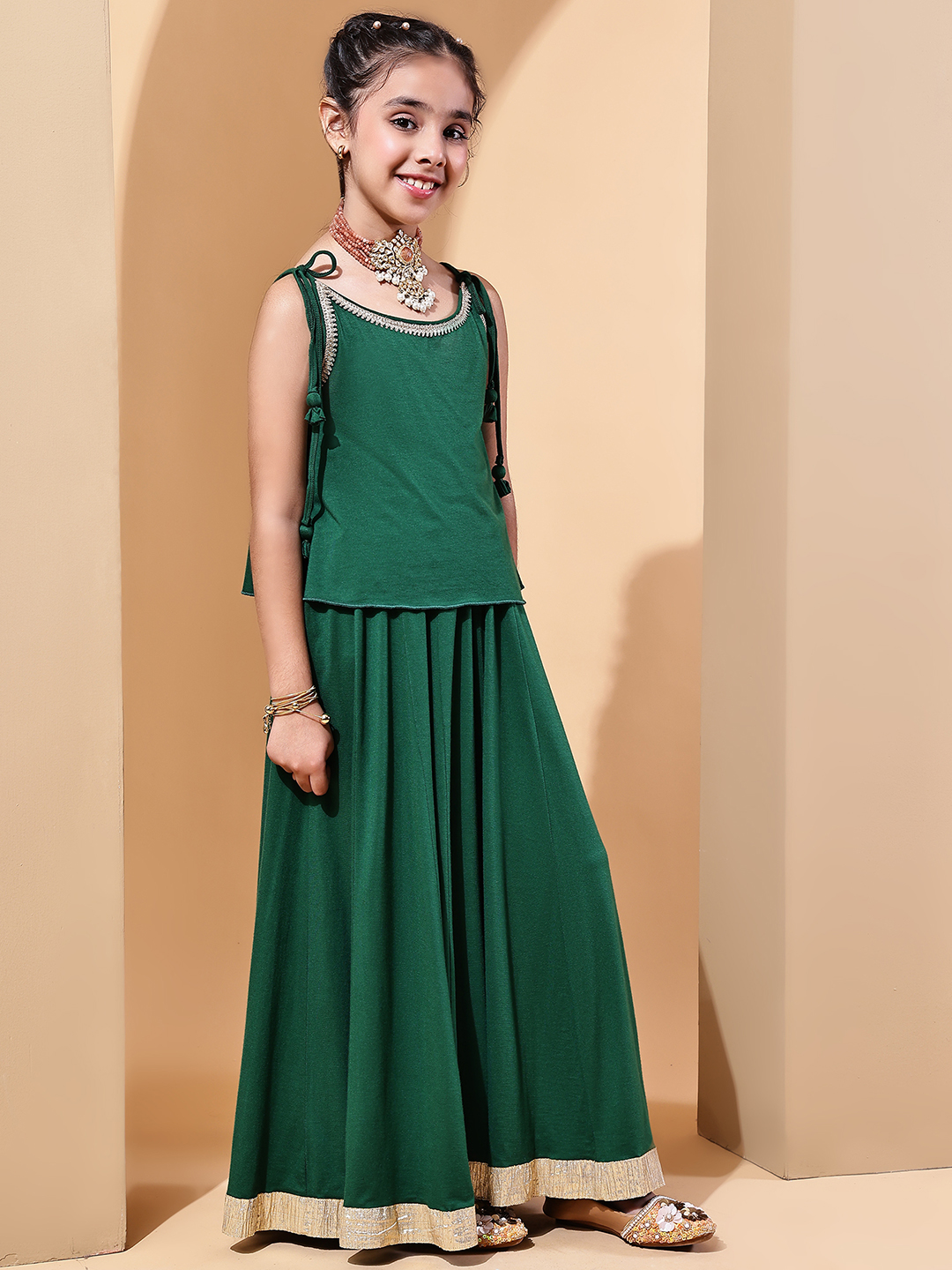 BaawRi Girls Soft Viscose Jersey Forest Green Lehenga Choli with Golden Lace Detailing - Image 4