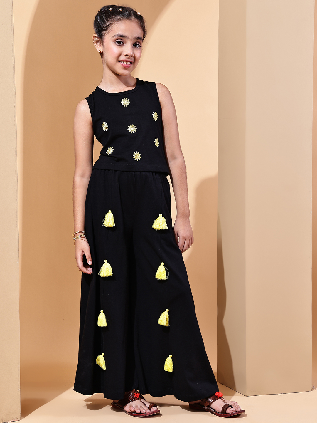 BaawRi Girls Black Cotton Plazo Set with Embroidered Top, Tassel Accents & Mesh Detailing – Stylish Ethnic Wear for Girls - Image 4