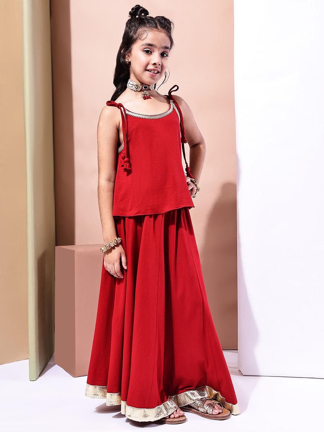 BaawRi Girls' Soft Viscose Jersey Lehenga Choli Set – Pompeian Red with Golden Lace Detailing | Ethnic Wear - Image 4