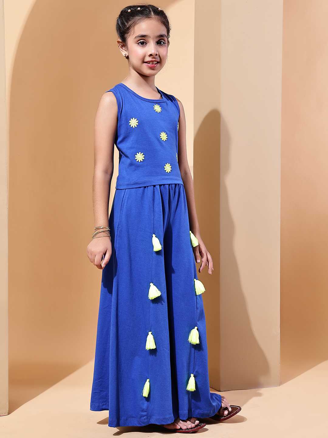 Girls Princess Blue Plazo Set with Embroidered Top, Tassel Accents & Mesh Detailing – Festive Ethnic Wear for Girls - Image 4