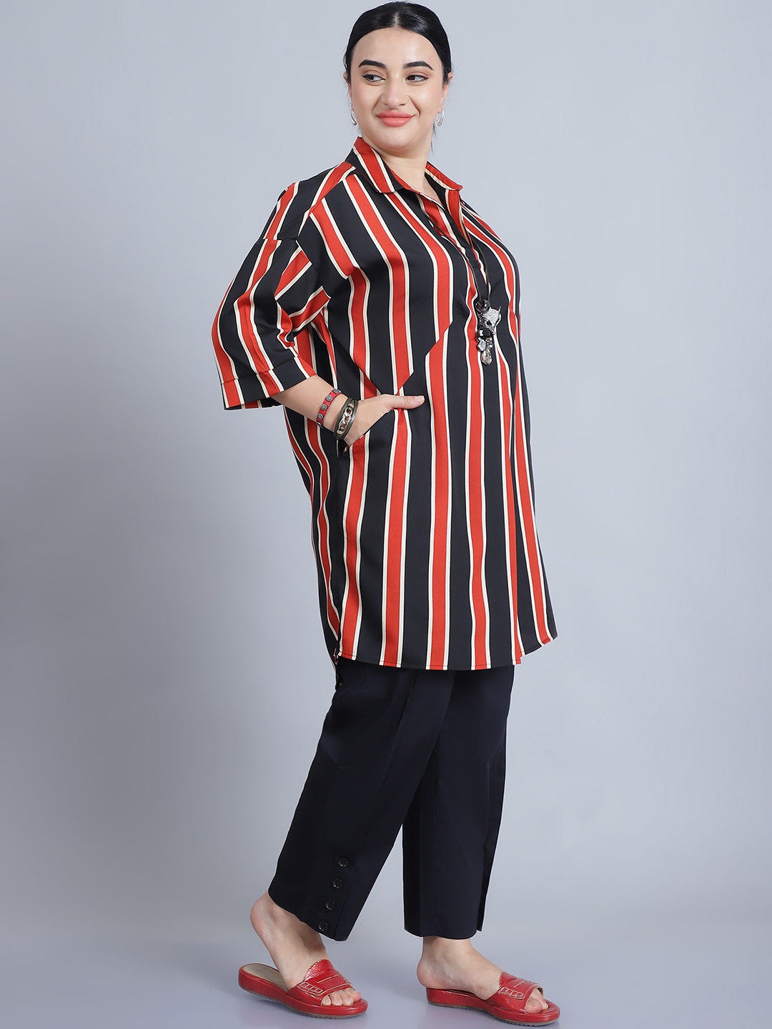 BaawRi Women's Shirt Collar & 3/4th Sleeves Rust Stripe Printed Long Top - Image 4