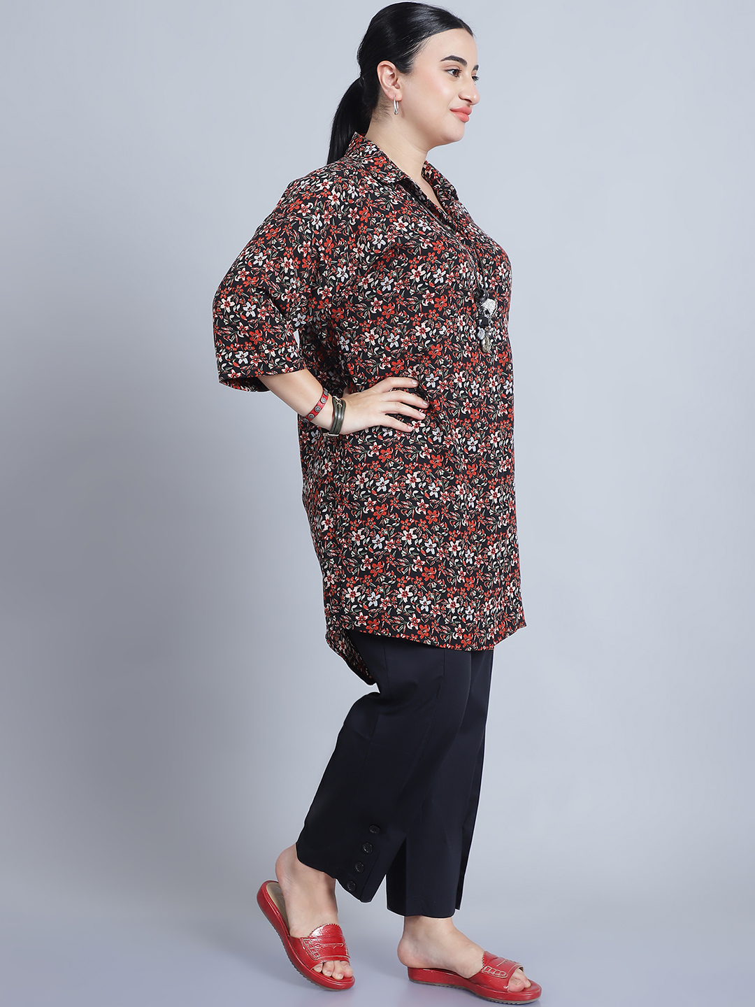 BaawRi Women's Shirt Collar & 3/4th Sleeves Red Printed Long Top - Image 4