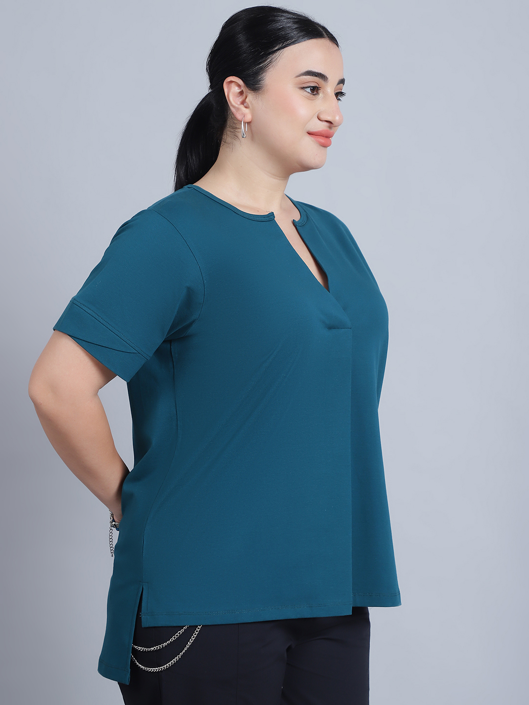 BaawRi Women's Short Sleeves & Front Pleat Solid Teal Color Regular Top - Image 3
