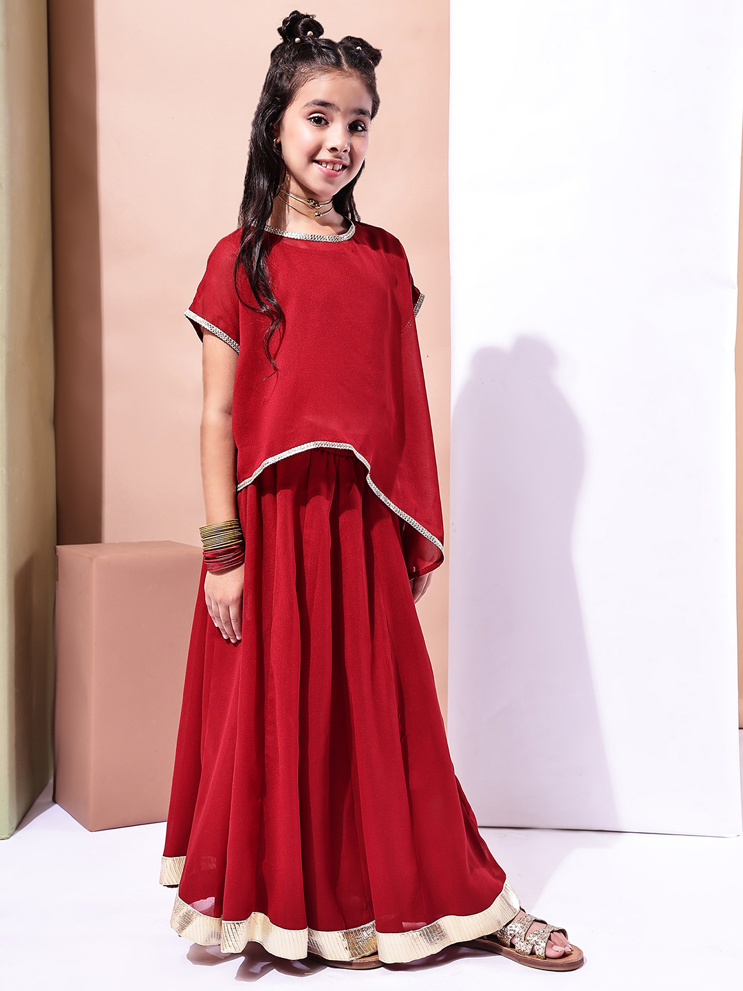 BaawRi Girls Red Georgette 3 piece Lehenga Set with Stylish Overlay Top & Golden Lace - Image 4