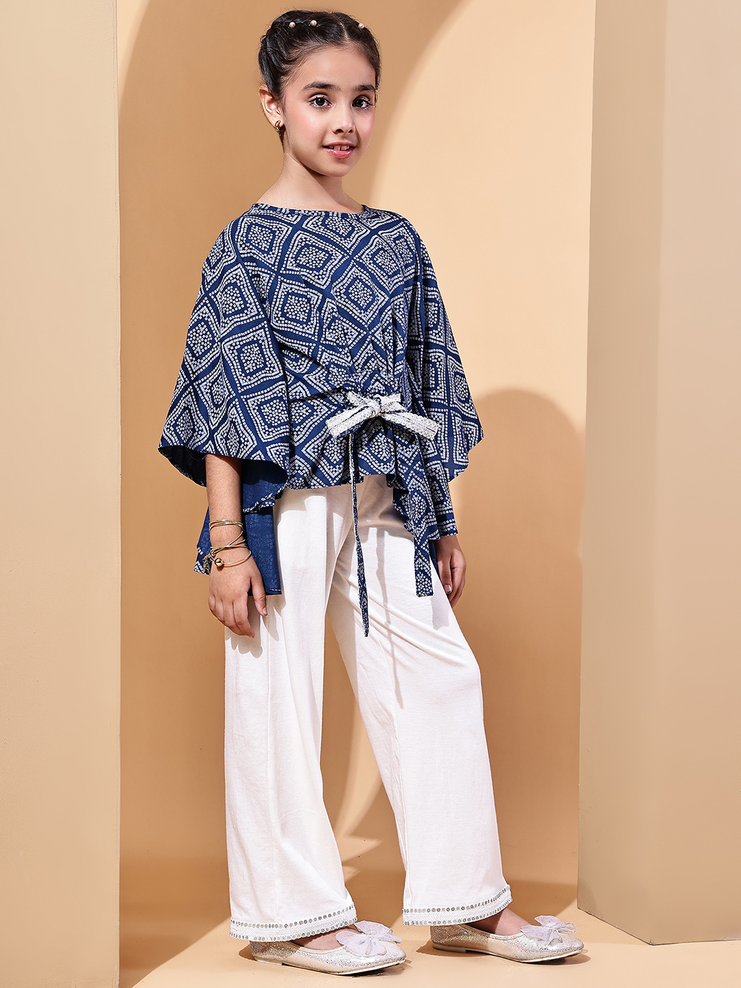 BaawRi Girls Blue Bandhani Cotton Kaftan Top with Lace Belt & Ecru Jersey Pants – Festive & Ethnic Co-ord Set - Image 4