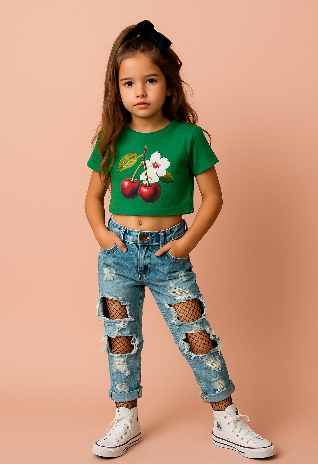 Girl's Green Cherry Bloom Crop Tee – Viscose Love - Image 4