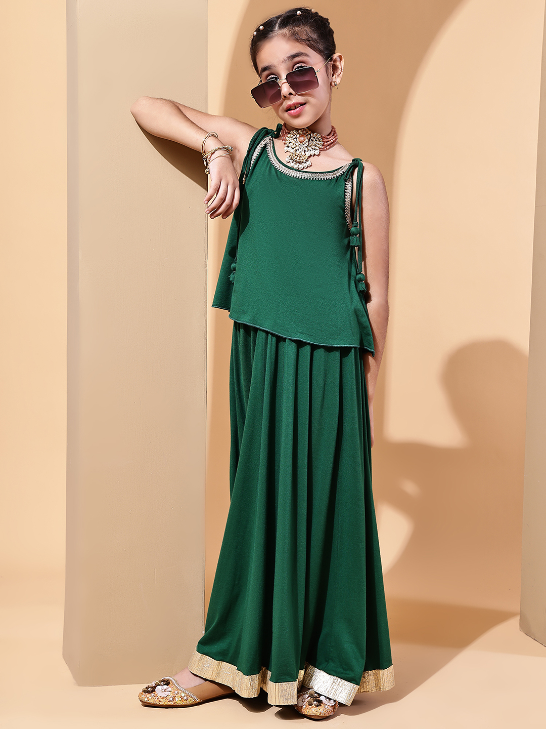 BaawRi Girls Soft Viscose Jersey Forest Green Lehenga Choli with Golden Lace Detailing - Image 5