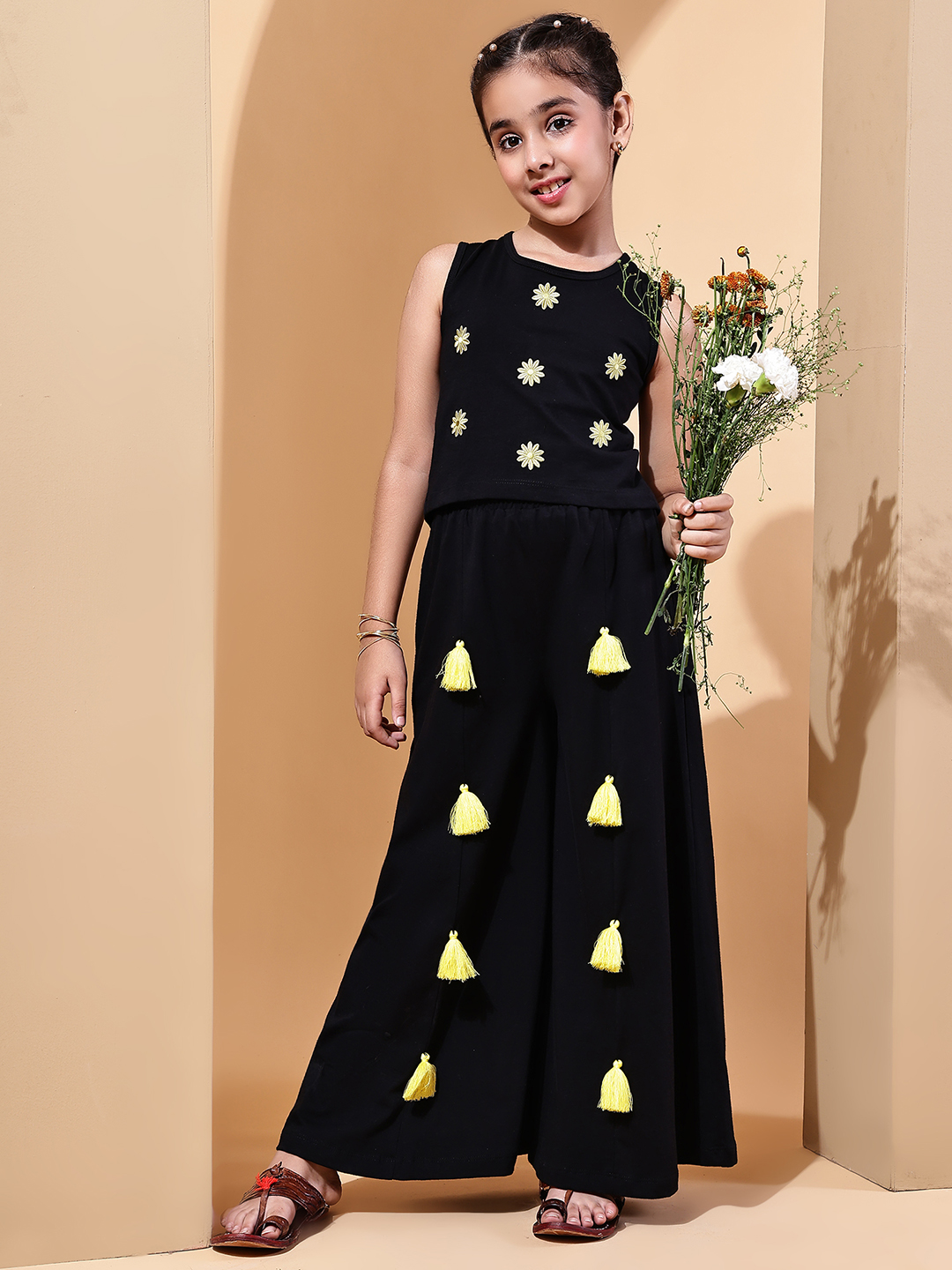 BaawRi Girls Black Cotton Plazo Set with Embroidered Top, Tassel Accents & Mesh Detailing – Stylish Ethnic Wear for Girls - Image 5