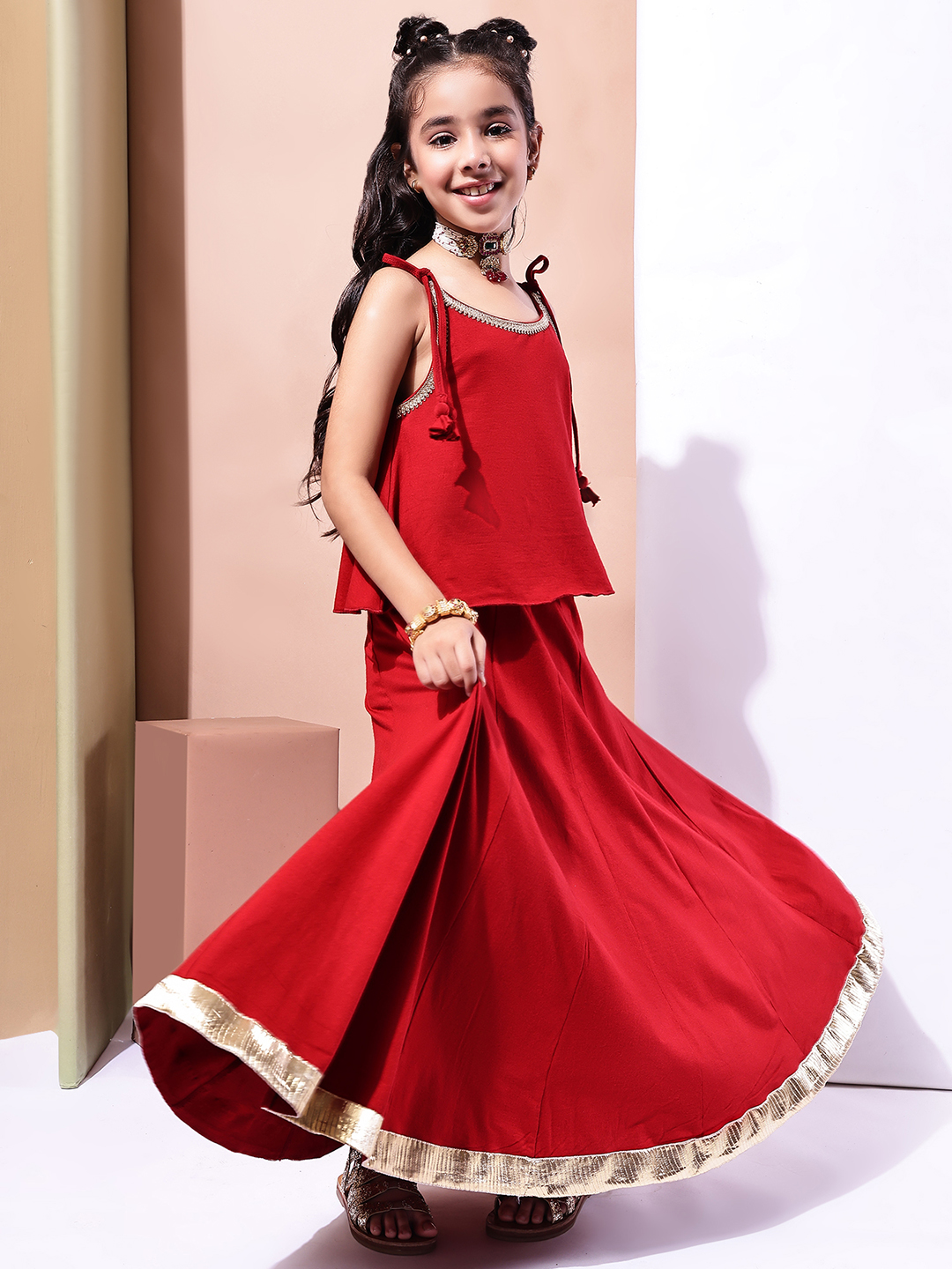 BaawRi Girls' Soft Viscose Jersey Lehenga Choli Set – Pompeian Red with Golden Lace Detailing | Ethnic Wear - Image 5