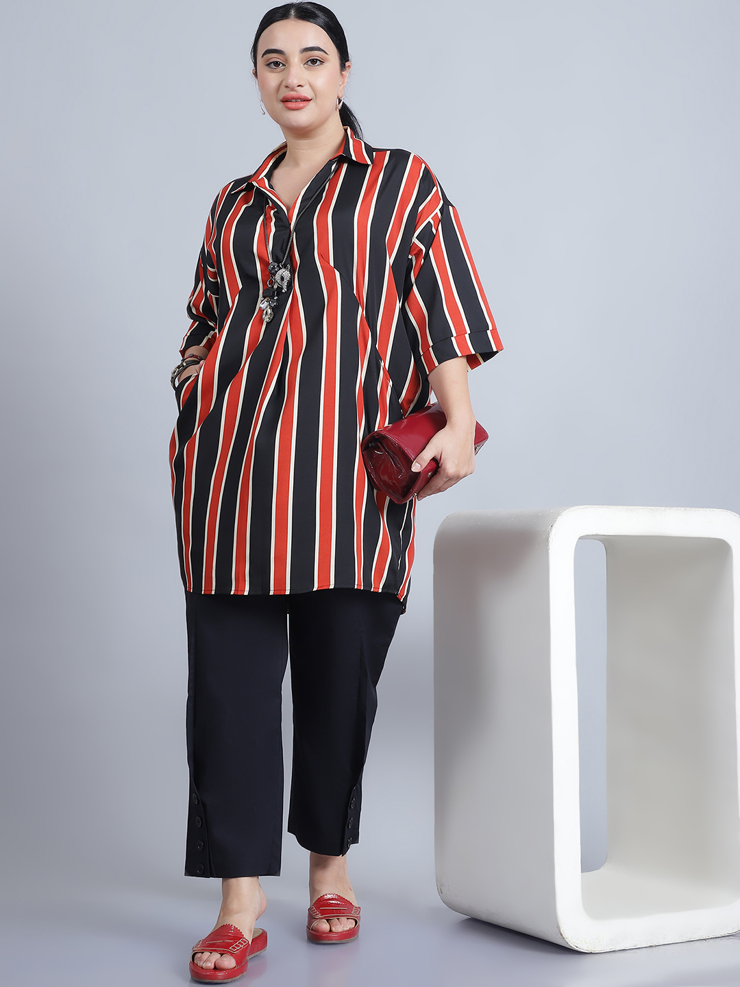 BaawRi Women's Shirt Collar & 3/4th Sleeves Rust Stripe Printed Long Top - Image 5