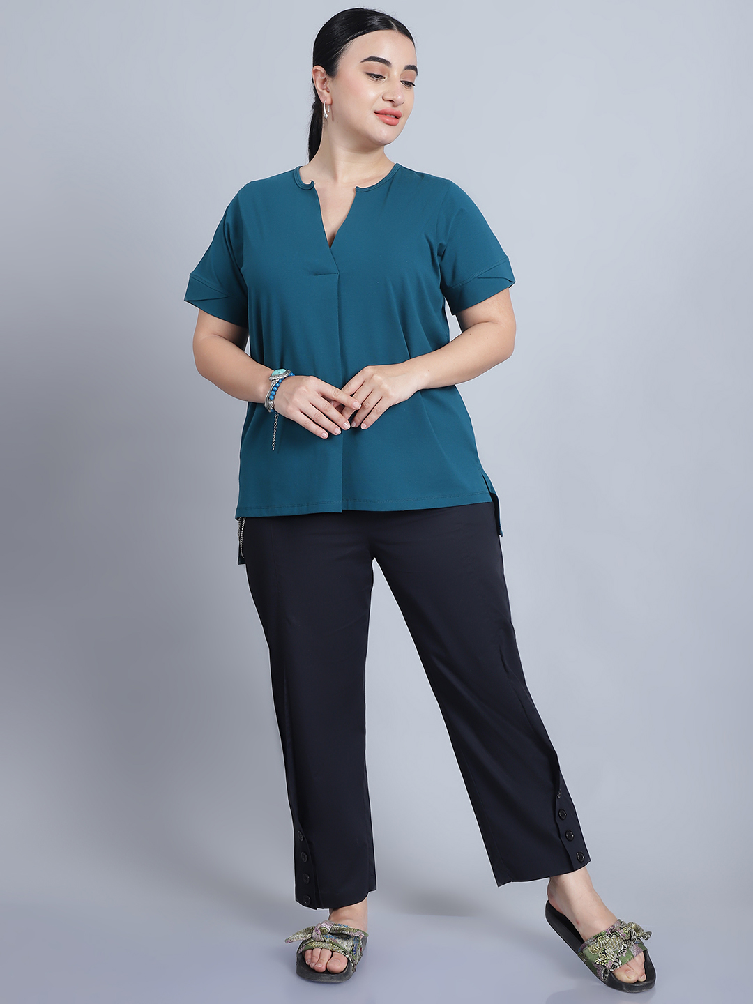 BaawRi Women's Short Sleeves & Front Pleat Solid Teal Color Regular Top - Image 4