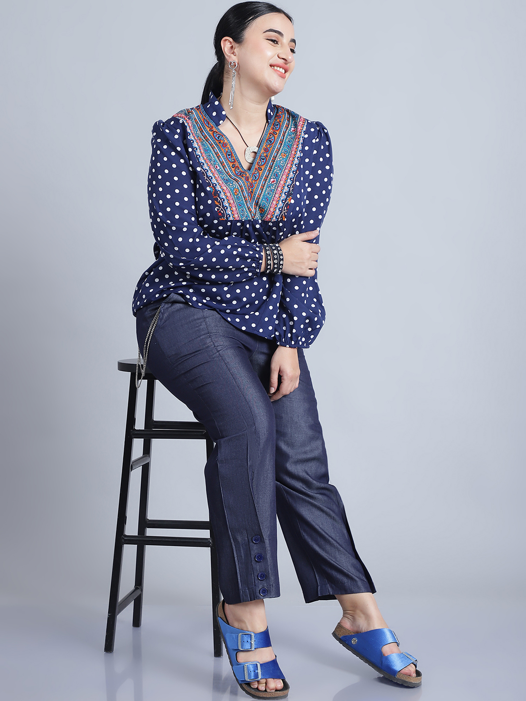 BaawRi Women's Long Sleeves & Front Gathered Polka dot Printed Regular Top - Image 5