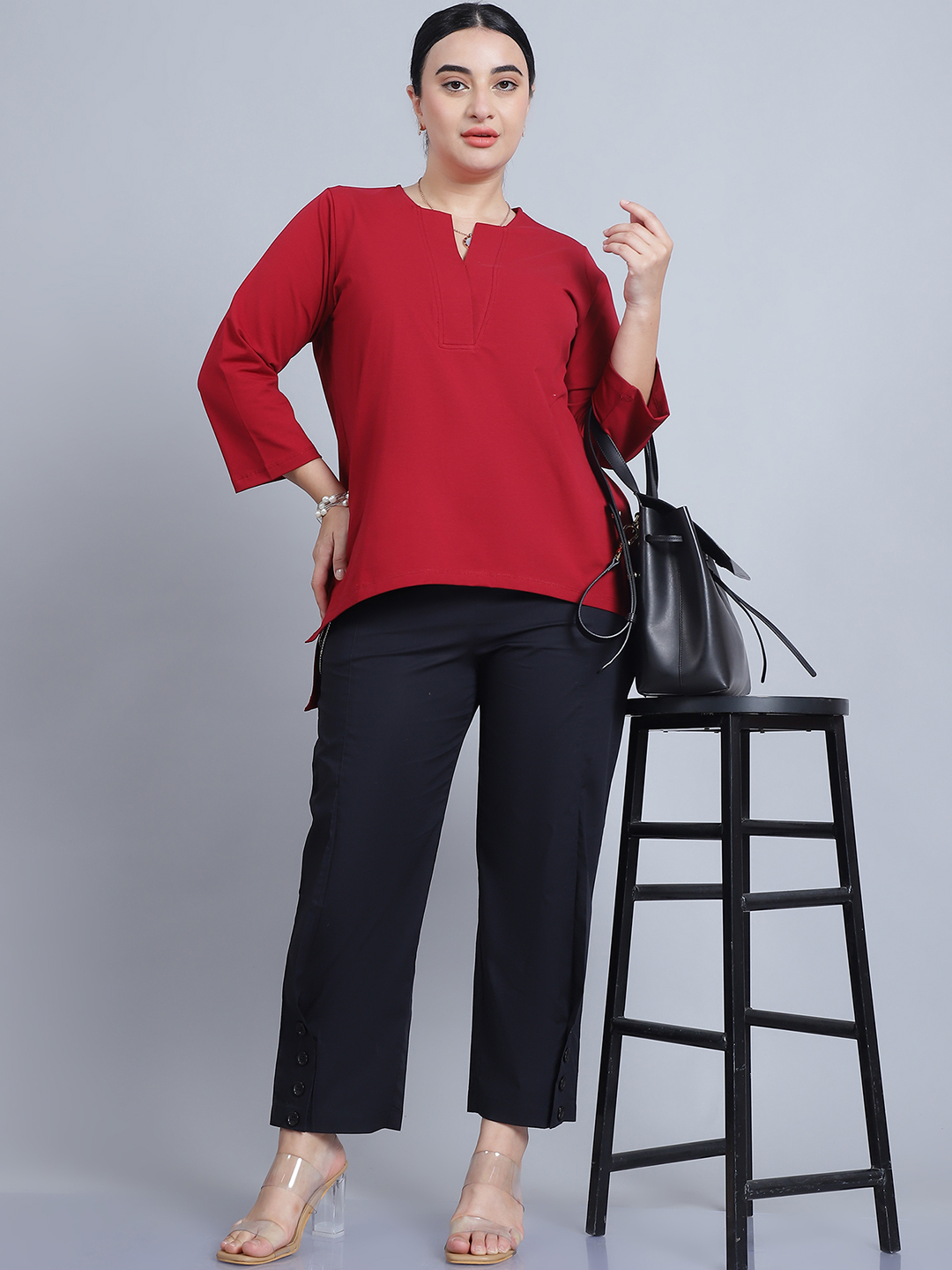 BaawRi Women's Mandarin collar & Long Sleeves Solid Red Color Regular Top - Image 5