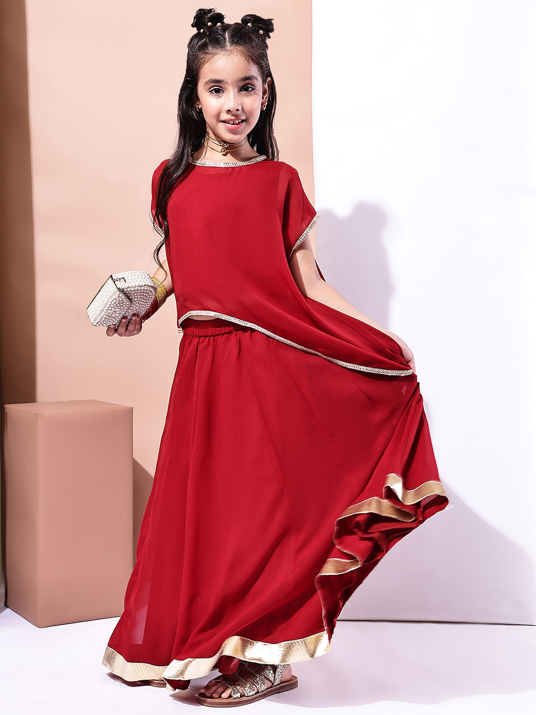 BaawRi Girls Red Georgette 3 piece Lehenga Set with Stylish Overlay Top & Golden Lace - Image 5