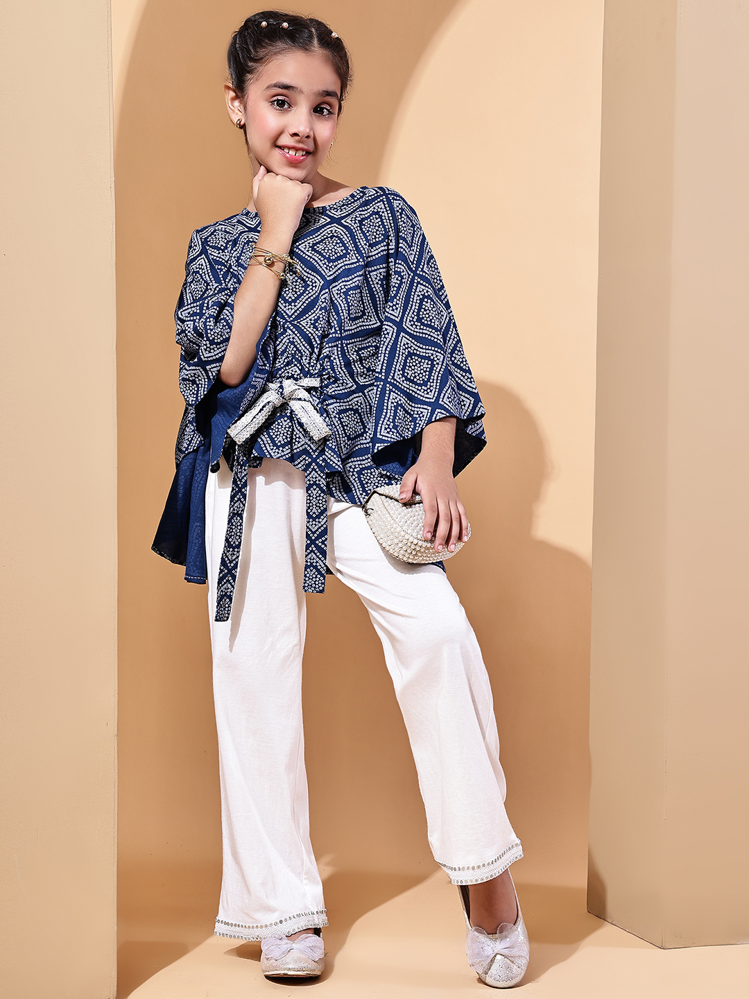 BaawRi Girls Blue Bandhani Cotton Kaftan Top with Lace Belt & Ecru Jersey Pants – Festive & Ethnic Co-ord Set - Image 5