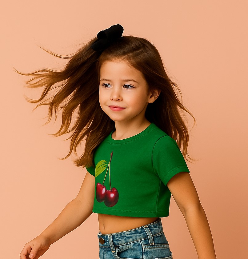 Girl's Green Cherry Bloom Crop Tee – Viscose Love - Image 3